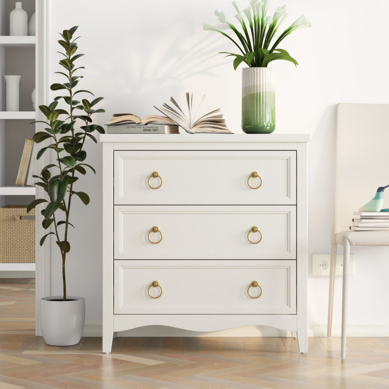 Farmhouse Fully Assembled White 3 Drawer Dresser Chest Vintage Nightstand With Bronze Metal Ring Handles